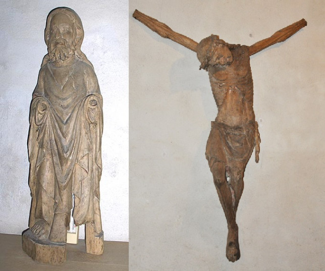 Tuntematon apostoli (TMM4819), ja 1300-luvun jälkipuolelle ajoitettu krusifiksi (TMM4737)