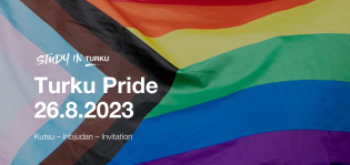 Taustakuvana progressiivinen sateenkaarilippu, jonka päällä Study in Turku -logo ja teksti Turku Pride 26.8.2026 Kutsu - Inbjudan - Invitation