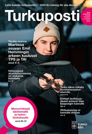 Turkupostin 1, 2024 kansi, jossa ylhäällä lehden nimi Turkuposti ja kansikuvassa jääkiekkoilija Emil Hemming. Kannessa on myös otsikkopoimintoja lehden sisällöistä.