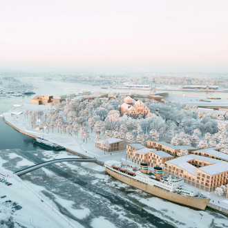 Talvinen, ylhäältä kuvattu visiokuva Linnanniemen kilpailutyöstä Kolme palaa.