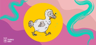Kuvassa piirroskuva, jonka keskellä piirretty dodo-sorsa kävelee keltaisessa pallossa pensseli suussaan.
