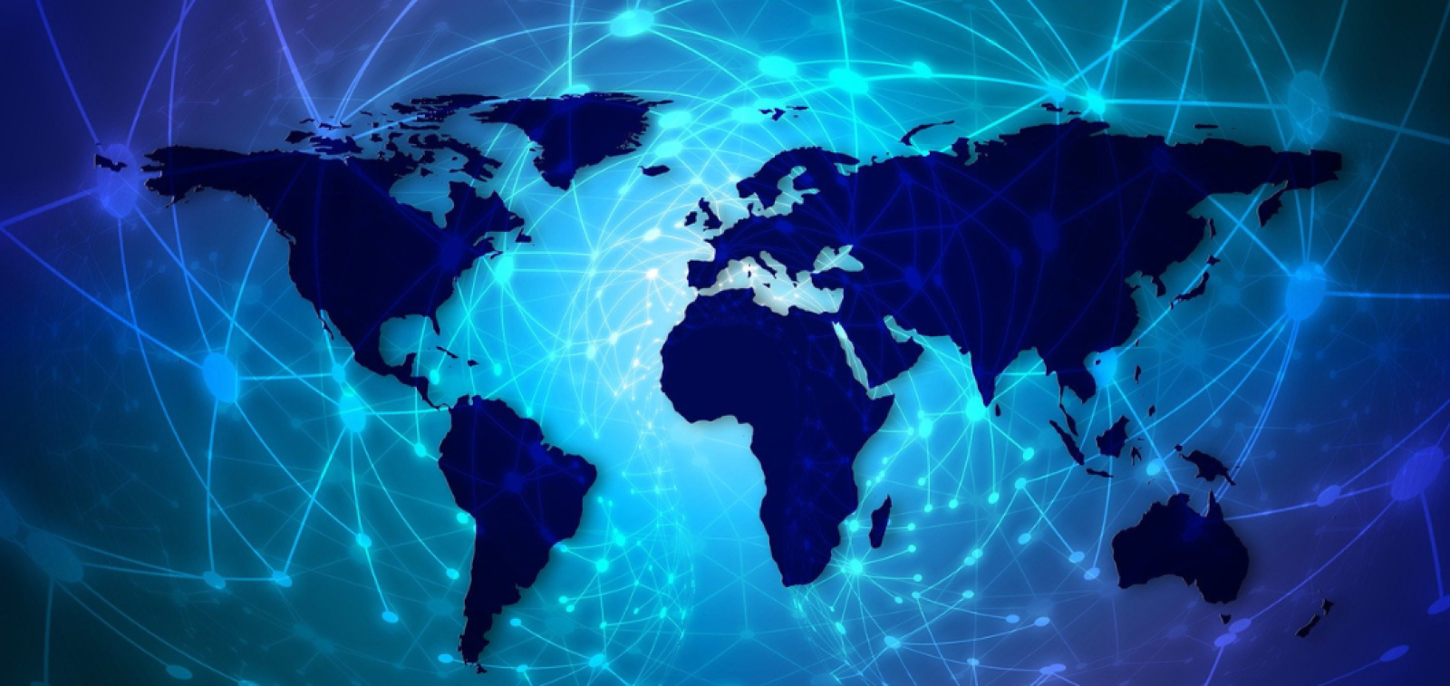 Maailmankartta sinisessä väriskaalassa, jonka päällä leijuu digitaalisia verkostoja ja tietojenkäsittelyn solmukohtia