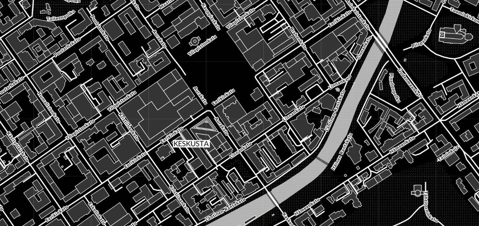 Service map&#039;s high contrast view from the centre of Turku. You can change the map layer or the black and white UI on the service map.