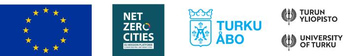 1.5-degree city hankkeen hankepartnerien logot: EU, Net zero cities, Turun kaupunki ja Turun yliopisto. 