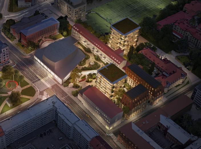 Aninkaisten konserttitalon korttelin uudet suunnitelmat viistokuvassa