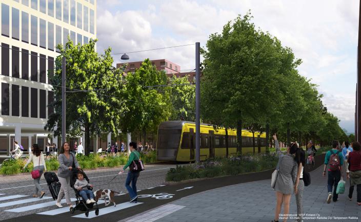 Havainnekuva raitiotiestä Linnankadulta. (Kuva: WSP Finland Oy)