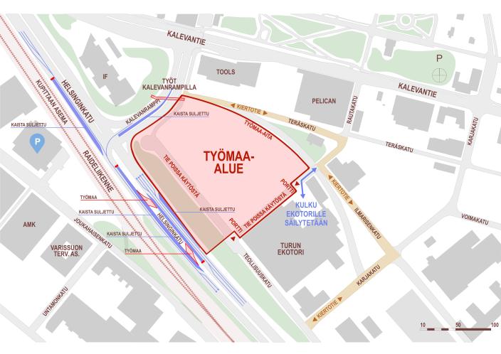 Kupittaan kärjen työmaajärjestelyt Helsinginkadulla ja Kalevanrampilla kesäkuuhun 2026.