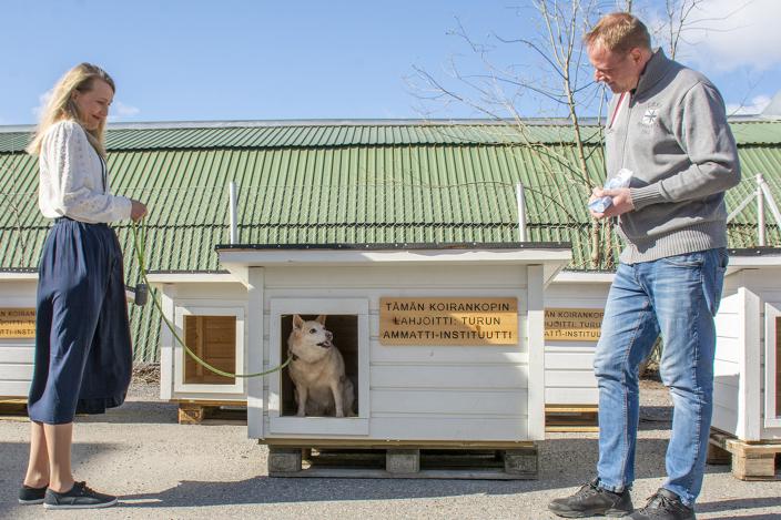 Kaksi opettajaa katsoo koiraa koirankopissa.  (Kuva: Lea Froloff)