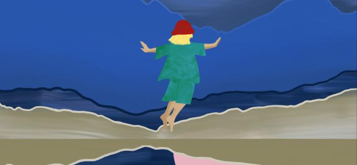 Piirros, jossa vihreäasuinen hahmo on keskellä tyyliteltyä maisemaa kädet levitettyinä auki sivuille. (Kuva: Satu Kemppainen)