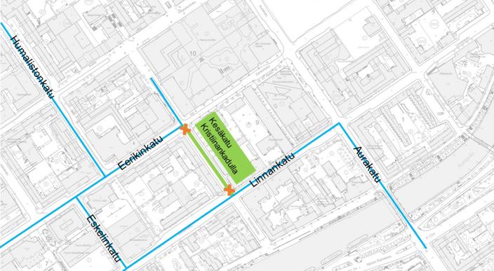 Map image of the driving routes to the parking facilities on Kristiinankatu. (Picture: Turun kaupunki)