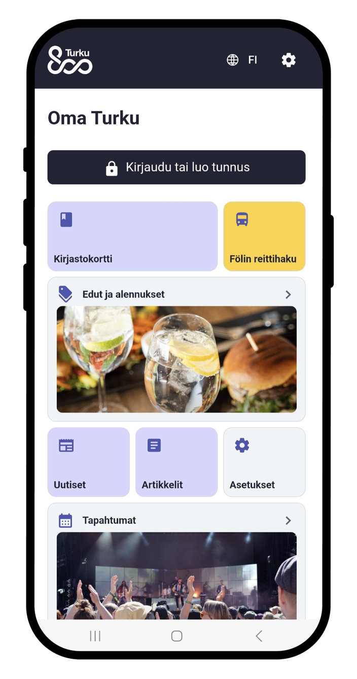 Turku-sovelluksen aloitusnäyttö