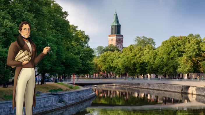 Piirroshahmo Aurajoen rannalla. (Kuva: Jenni Sormunen)