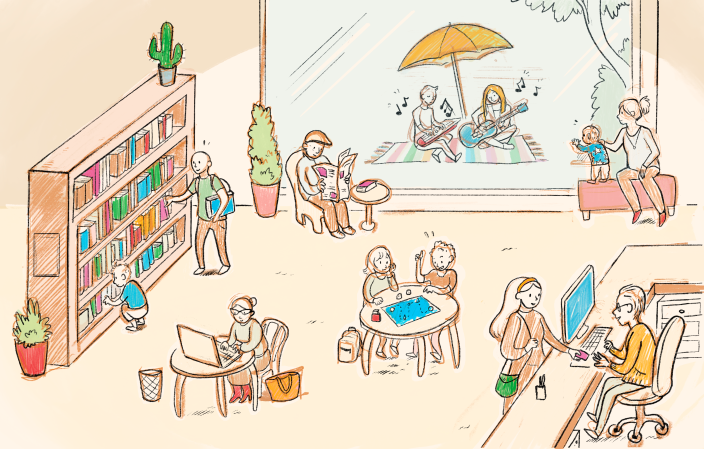 Piirroskuva asiakkaista kirjastossa  (Picture: Roosa Kyllönen)