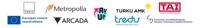 AV UP-hankkeen logobanneri, jossa näkyy hankepartnerien ja rahoittajan logo.