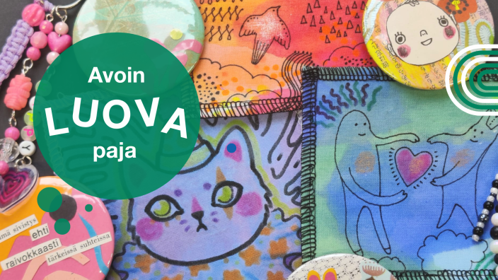 Kuvassa on käsintehtyjä kangasmerkkejä, koruja ja pinssejä. (Foto: Tuuli Sunden-Uusimäki)