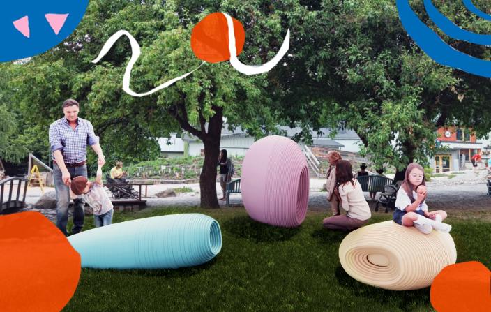 Havainnekuvassa värikkäitä, erimuotoisia taideteoksen osia, joiden ympärillä leikkiviä lapsia. (Kuva: Joel Stenroos ja Jesse Kitinoja)