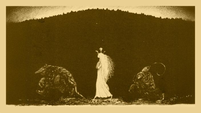 tummassa maisemassa kaksi olentoa kävelee välissään vaalea neito (Kuva: John Bauer)