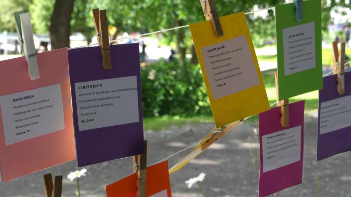 lasten kirjoittamia runoja värikkäillä pahveilla (Picture: Sofia Pitkänen)