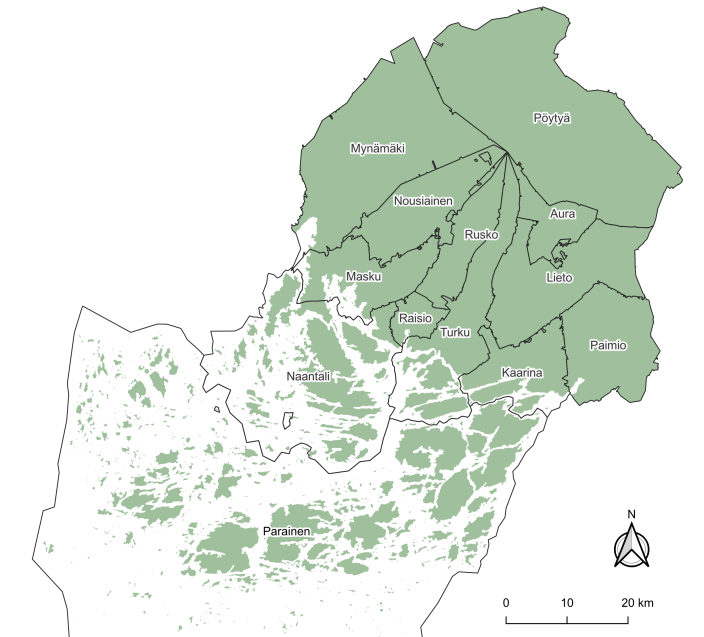 Kartta, jossa näkyy Turun seudun kuntien rajat.