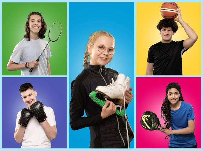 Kuvassa näkyy viisi erilaista nuorta, joilla on erilaisia harrastevälineitä käsissään.  (Kuva: Jussi Vierimaa)