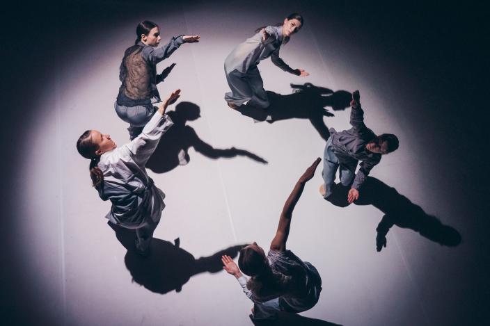 Ringin muodostavat tanssijat ja heidän varjonsa ylhäältä kuvattuna. (Kuva: Jussi Virkkumaa)