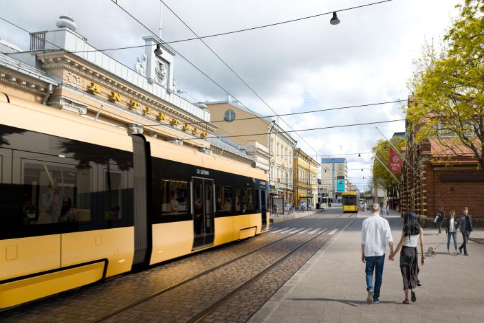 Havainnekuva raitiovaunusta kulkemassa Turun Eerikinkadulla kauppahallin ohi. (Kuva: Turun raitiotieallianssi)