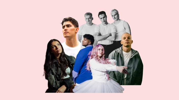 Kuvassa on vaaleanpunaisella taustalla artistit KUUMAA, Mirella, Elastinen, Robin Packalen sekä Ellinoora ja Ani.