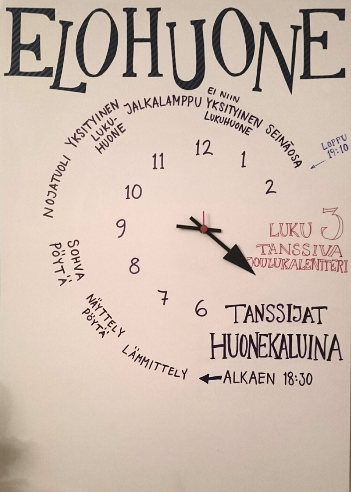 Vanha Elohuone-juliste, joka on paperille piirretyn kellon muodossa. 