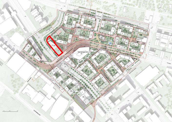 Myytävä tontti rajattuna Kupittaan kärjen kaava-alueella. (Kuva: Turun kaupunki)