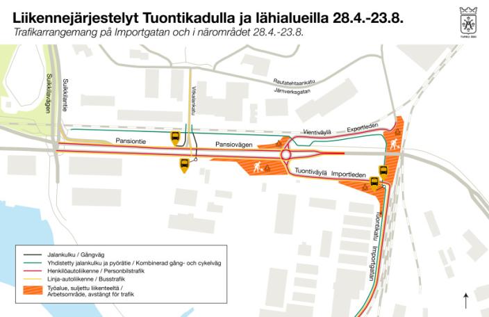 Tuontikadun ja lähialueiden työmaat kesällä 2026. (Foto: Turun kaupunki)