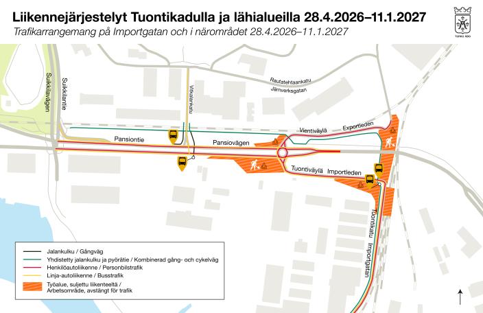 Kartta, jossa on kuvattu työalueet Tuontikadun ympäristössä