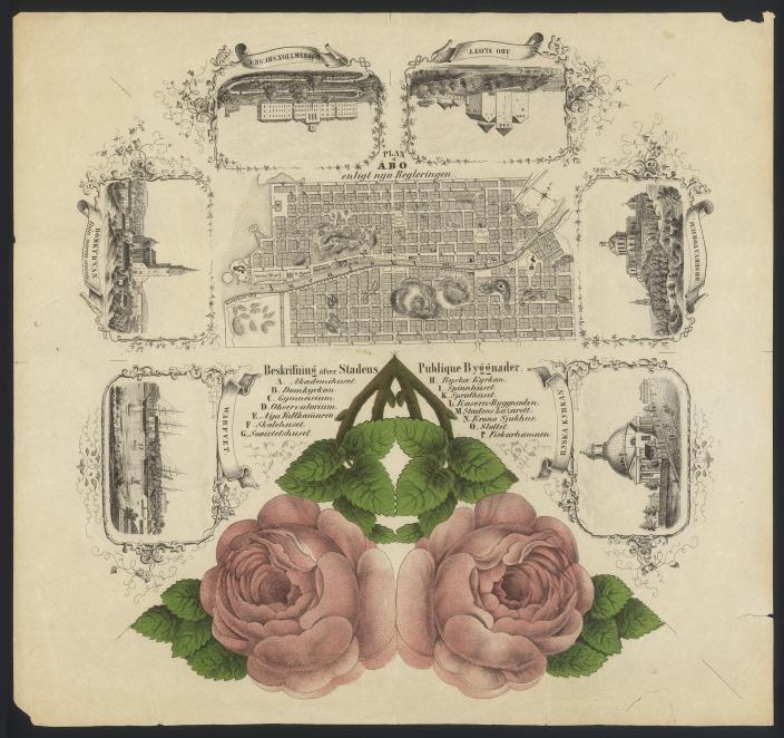 Vanha painettu taitettava kortti, jossa Turun tunnettuja rakennuksia sekä värillinen ruusukuva. (Kuva: Martti Puhakka, Turun kaupunginmuseo)