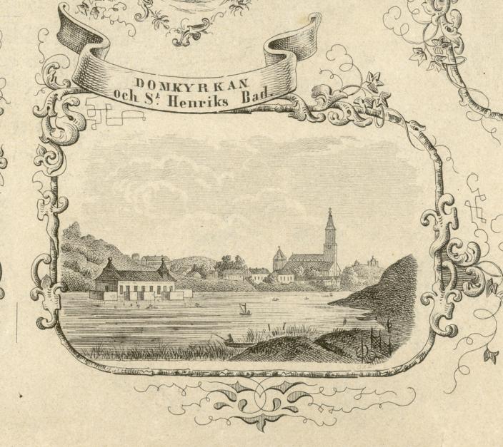 Vanha painettu kuva, jossa näkyy Turun tuomiokirkko sekä Pyhän Henrikin lähde. (Kuva: Martti Puhakka, Turun kaupunginmuseo)