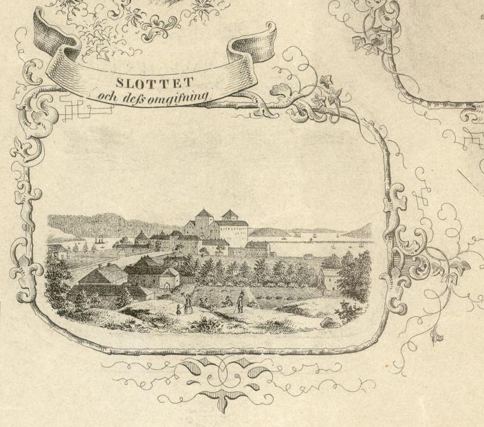 Vanha painettu kuva, jossa näkyy Turun linna sekä Korppolaismäen rakennuksia. (Kuva: Martti Puhakka, Turun kaupunginmuseo)