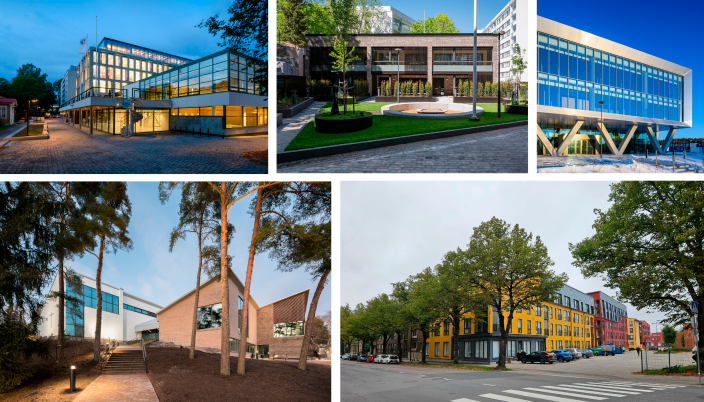 Kuvassa Asunto-osakeyhtiö Primus, GeneCity, Åbo Akademin Astra, Hirvensalon seurakuntakeskus ja Asunto-osakeyhtiön Linnafältin Portinvartija.