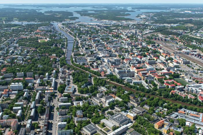 Aerial view from the centre of Turku towards the sea.