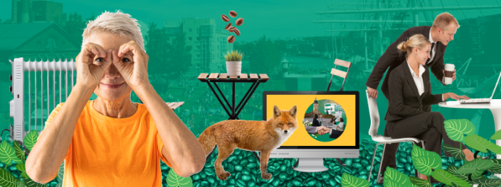 Nainen katsoo käsikiikareiden kautta kameraan, keskellä kävelee kettu ja mies ja nainen kumartuvat pöydällä olevaa kannettavaa tietokonetta kohti. (Kuva: Turun kaupunki)