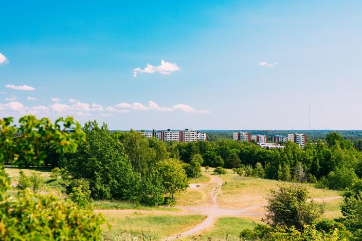 Ilpoisten kaupunginosa kuvattuna mäen päältä, taustalla kerrostaloja. (Kuva: Turun kaupunki)