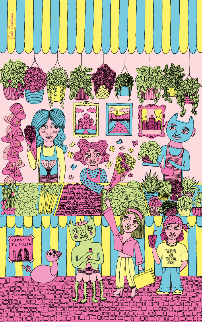 Jade Järvisen värikäs piirrosteos, jossa on torimyyntikoju ja asiakkaita. (Kuva: Jade Järvinen)