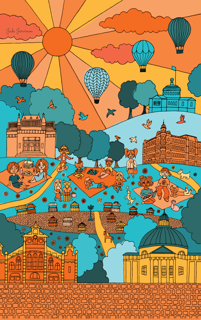 Jade Järvisen värikäs piirrosteos, jossa on Turun tunnettuja rakennuksia ja ihmisiä puistopiknikillä. (Kuva: Jade Järvinen)