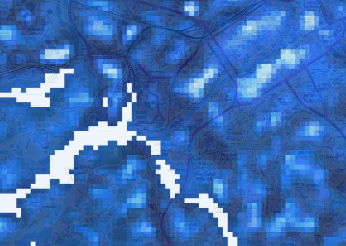 Sinisävyinen kartta heikkotuulisen pakkasyön lämpötilavaihteluista Turun kartalla. Kartan kuvaamalla hetkellä lämpötilavaihtelut olivat lähes 20 astetta, joten kartan väriskaala on lähes valkoisesta hyvin tummaan siniseen. 