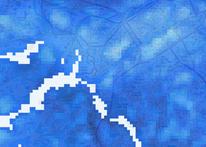 Sinisävyinen kartta helmikuisen, hyvin kylmän pakkasaamun lämpötiloista Turussa. Vaaleampina alueina erottuvat keskustan lämpösaareke, joka johtui lähinnä rakennusten lämpövuodoista ja liikenteen lämmittävästä vaikutuksesta, sekä rannikon ja saariston alueet, vesialueiden lämmittävästä vaikutuksesta johtuen. 