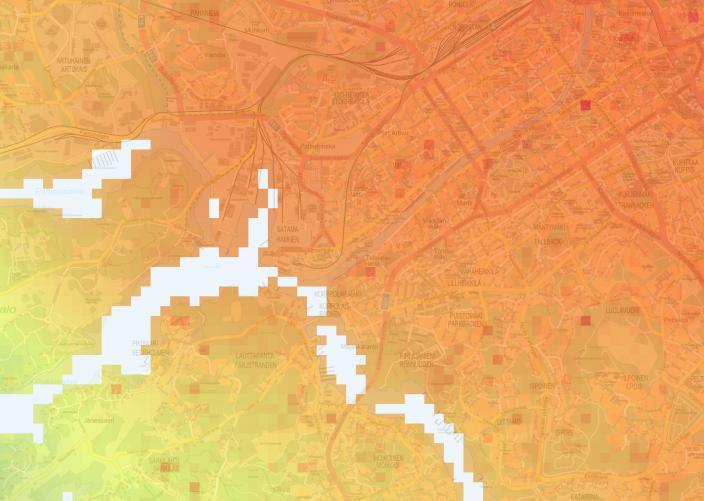Puna-oranssi-keltainen kartta Turun alueen lämpötiloista lämpimänä alkukesän päivänä. Kuvasta näkee hyvin, miten merenrannan vyöhykkeellä on kylmempää kuin sisämaassa. 