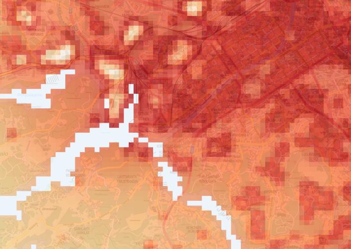 Punasävyinen kartta Turun seudun lämpötiloista elokuisena hellepäivänä. Tummanpunaisena erottuvat keskustan lämpösaarekkeet sekä pienemmät saarekkeet tiheästi rakennetuilla alueilla keskustan ulkopuolella. 