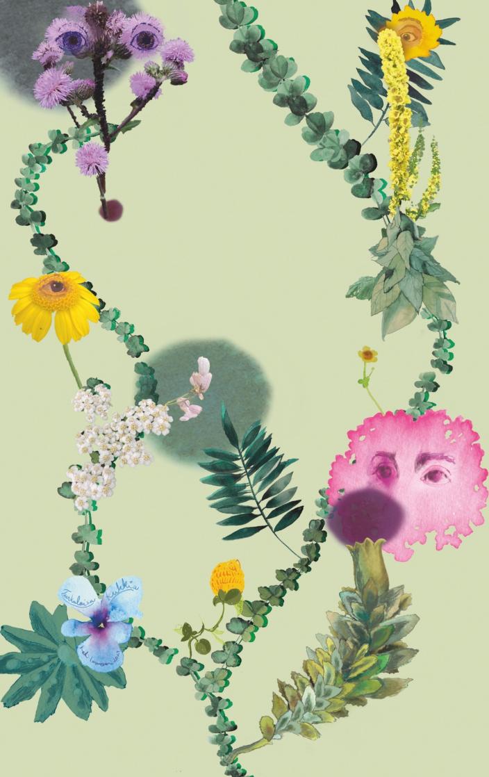 Kati Immosen taideteos, jossa on kukkia ja niiden kukinnoissa silmiä. (Kuva: Kati Immonen)