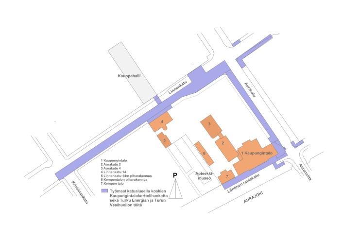 Katutyomaat kaupungintalon ymparillä vuonna 2026. (Kuva: Turun kaupunki)