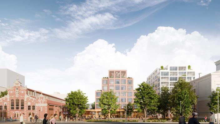 Vybild av Saluhallens kvarter från Eriksgatan (Foto: JMMK, havainnekuva)