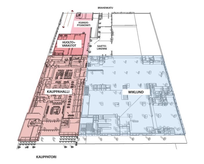 Kauppahallin mahdollisen väliaikaistilan sijoittumista havainnollistava pohjapiirros. (Kuva: Amerikka)