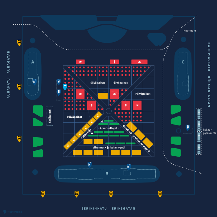 Piirretty Turun kauppatorin kartta, jossa näkyvät toripaviljonkien ja myyntipaikkojen sijainti. (Kuva: Turun kaupunki)