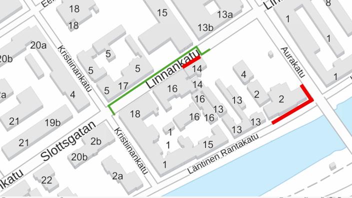 Suljetut jalkakäytävät kaupungitalon ympäristössä.